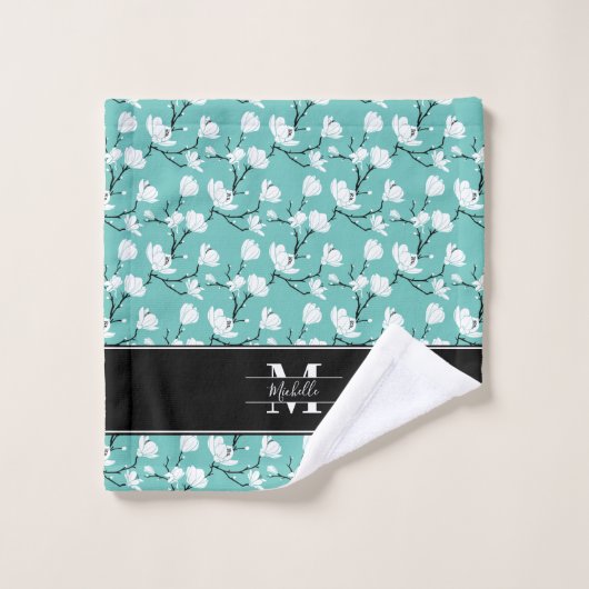 Aquamarine Mit Monogramm Blume Schwarz/Weiß Magnol Badhandtuch Set (Waschlappen)