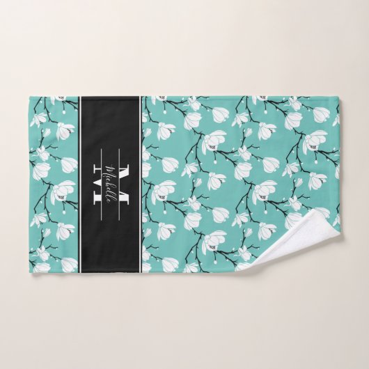 Aquamarine Mit Monogramm Blume Schwarz/Weiß Magnol Badhandtuch Set (Handtuch)