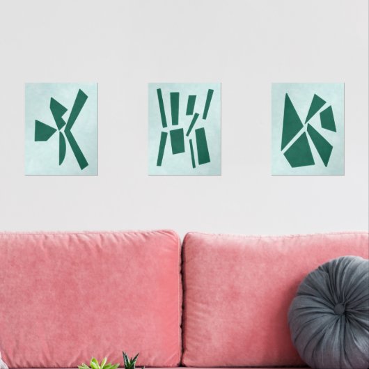 Aquamarine moderne Gouache Print Polygon Forms Bilderwand Sets (Wohnzimmer)