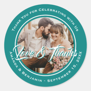 Aquamarine moderne Script Wedding Foto Gefallen Runder Aufkleber