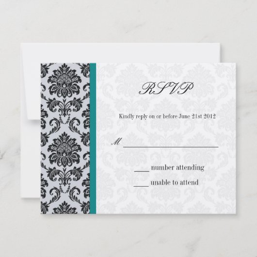 Aquamarine Monogram Damask Vintage Wedding UAWG RSVP Karte (Vorderseite)