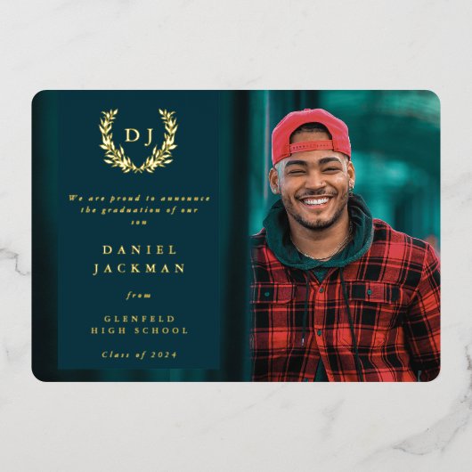 Aquamarine Monogram + Laurel Abschluss Ankündigung (Vorderseite)