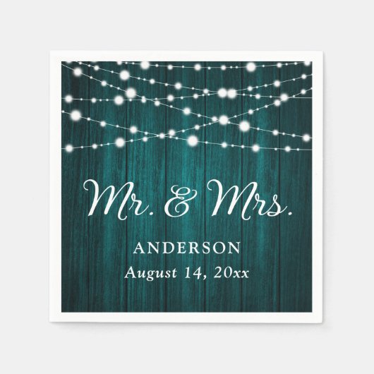 Aquamarine Mr. and Mrs. String Lights Wood Wedding Serviette (Vorderseite)
