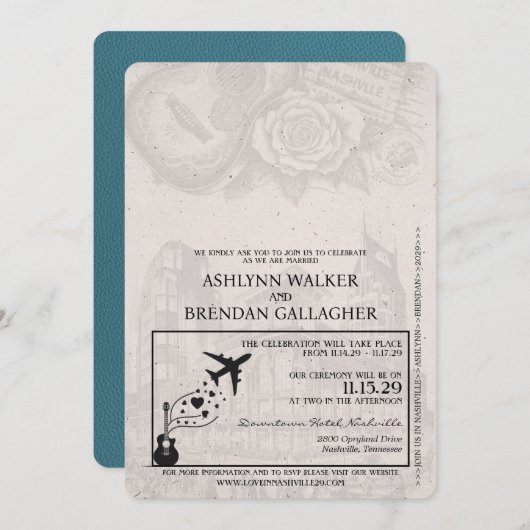 Aquamarine Nashville Passport Wedding Einladung (Vorne/Hinten)