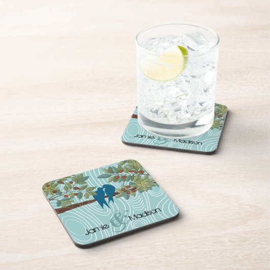 Aquamarine Niedliche Kissing Love Birds im Vogelkä Untersetzer (Rechte Seite)