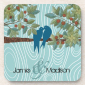 Aquamarine Niedliche Kissing Love Birds im Vogelkä Untersetzer (Vorderseite)