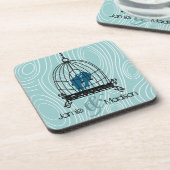 Aquamarine Niedliche Kissing Love Birds im Vogelkä Untersetzer (Linke Seite)