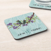 Aquamarine Niedliche Liebesvögel im Baum Getränkeuntersetzer (Linke Seite)