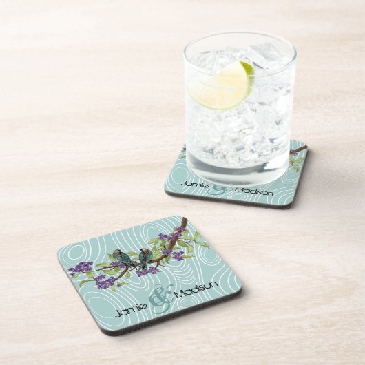 Aquamarine Niedliche Liebesvögel im Baum Getränkeuntersetzer (Rechte Seite)