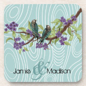 Aquamarine Niedliche Liebesvögel im Baum Getränkeuntersetzer (Vorderseite)
