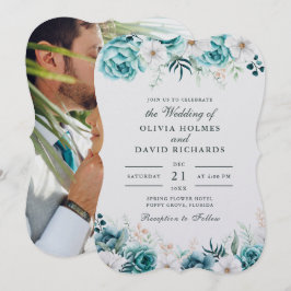 Aquamarine Off-White-Wildblumen-Foto-Hochzeit Einladung