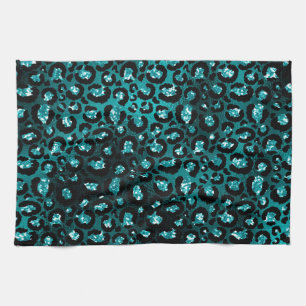 Aquamarine Ombre- und Black Glam Glitzer Leopard S Geschirrtuch