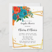 Aquamarine Orange Botanical Florals Gold Paare Dus Einladung (Vorderseite)