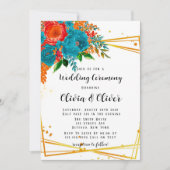 Aquamarine Orange Botanical Florals Gold Wedding Einladung (Vorderseite)