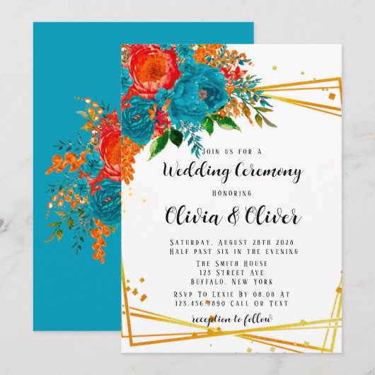 Aquamarine Orange Botanical Florals Gold Wedding Einladung (Vorne/Hinten)