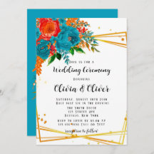 Aquamarine Orange Botanical Florals Gold Wedding