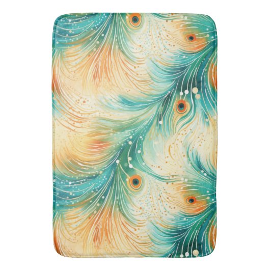 Aquamarine Orange Cream Peacock Feathers Badematte (Vorderseite Vertikal)