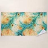 Aquamarine Orange Cream Peacock Feathers Strandtuch (Vorderseite)