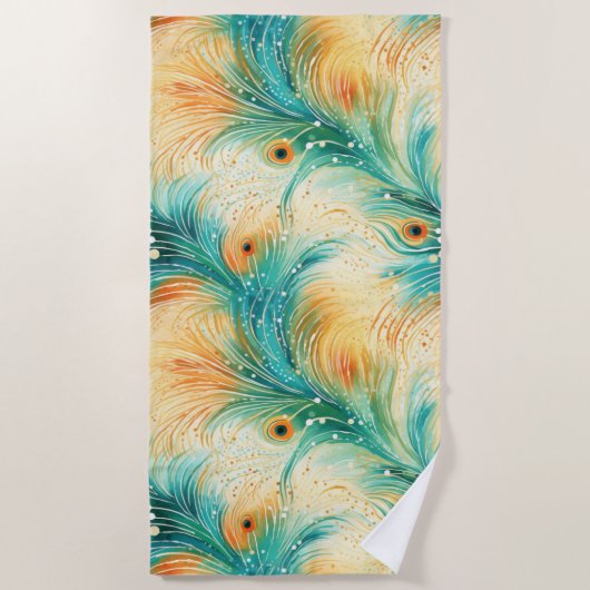 Aquamarine Orange Cream Peacock Feathers Strandtuch (Vorderseite)
