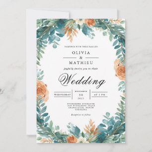 Aquamarine Orange Floral Wreath Wedding Einladung