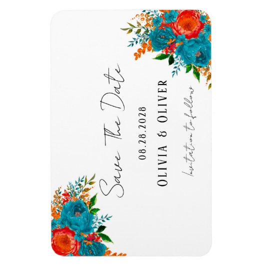 Aquamarine Orangefarbene Blütenhochzeit rettet das Magnet (Vertikal)