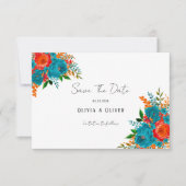 Aquamarine Orangefarbene Blütenhochzeit rettet das Save The Date (Vorderseite)