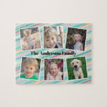 Aquamarine Orangenstreifen-Reihe FotoCollage Puzzle<br><div class="desc">Dieses bunte Foto-Puzzle ist ein lustiges Geschenk für jede Familie. Es bietet 6 Fotorahmen für Bilder von Kindern und Familienmitgliedern. Der Hintergrund ist aquamarin, rot und orangefarben. Benutzerdefinierter Text erlaubt es Ihnen, mit Ihrem Familiennamen zu personalisieren.</div>