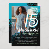 Aquamarine Paint Spritzer Foto 15. Geburtstag Einl Einladung (Vorne/Hinten)