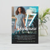 Aquamarine Paint Spritzer Foto 17. Geburtstag Einl Einladung (Stehend Vorderseite)