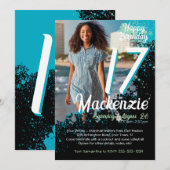 Aquamarine Paint Spritzer Foto 17. Geburtstag Einl Einladung (Vorne/Hinten)
