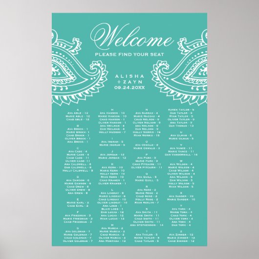 Aquamarine Paisley Alphabetitical Seating Chart Poster (Vorne)