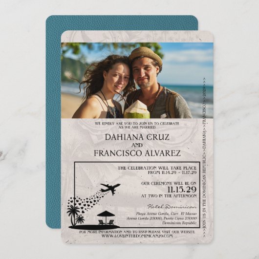 Aquamarine Passport Hochzeit in der Dominikanische Einladung (Vorne/Hinten)
