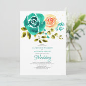 Aquamarine Peach Rose Blumenhochzeit Einladung (Stehend Vorderseite)