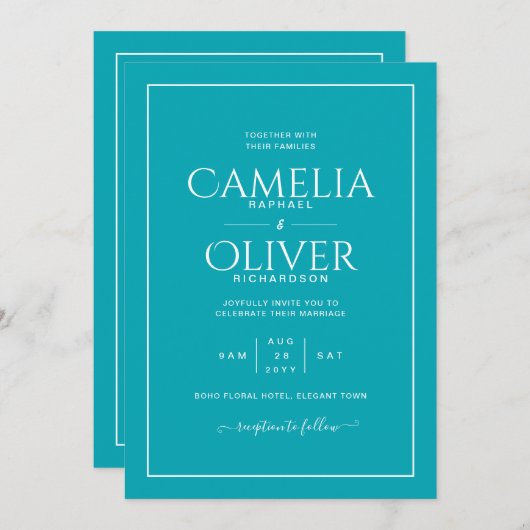 Aquamarine Peacock Blue MONOCHROME Hochzeit Einladung (Vorne/Hinten)