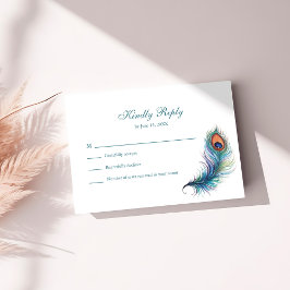 Aquamarine Peacock Feather Wedding RSVP Card Dankeskarte