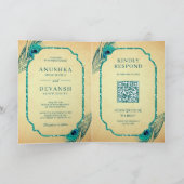 Aquamarine Peacock Feathers QR Code Indische Hochz Einladung (Innenseite)