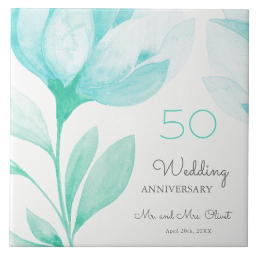 Aquamarine Peonies Hochzeitstag 50 Jahre Fliese (Vorderseite)