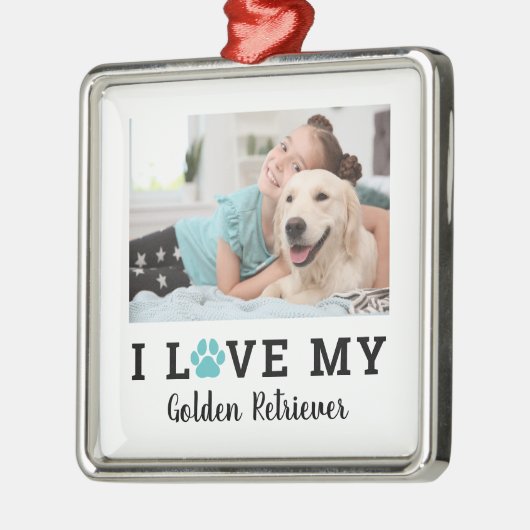 Aquamarine Pet-Pfote Print Custom Dog Bree Foto Ornament Aus Metall (Links)