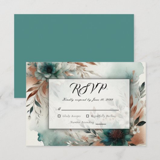 Aquamarine Petals in Bronze Bloom Wedding RSVP Karte (Vorne/Hinten)