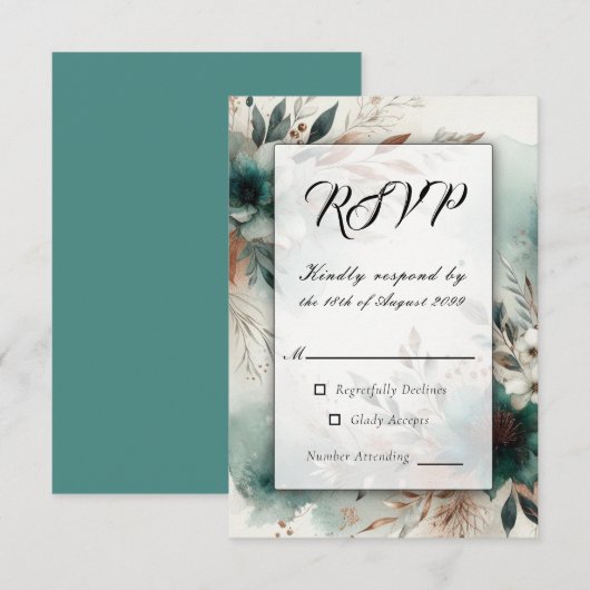 Aquamarine Petals in Bronze Bloom Wedding RSVP Karte (Vorne/Hinten)