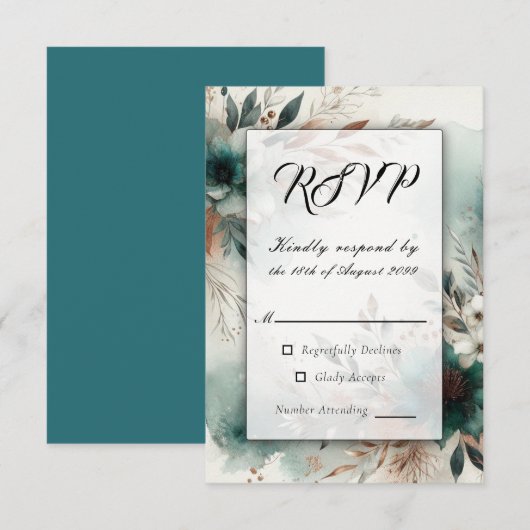 Aquamarine Petals in Bronze Bloom Wedding RSVP Karte (Vorne/Hinten)