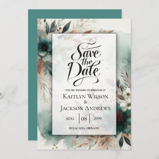 Aquamarine Petals in Bronze Bloom Wedding Save The Date (Vorne/Hinten)