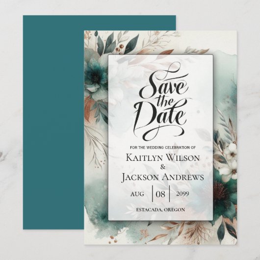 Aquamarine Petals in Bronze Bloom Wedding Save The Date (Vorne/Hinten)