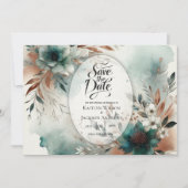 Aquamarine Petals in Bronze Bloom Wedding Save The Date (Vorderseite)