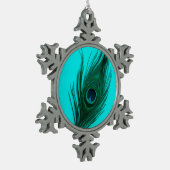 Aquamarine Pfau-Feder Schneeflocken Zinn-Ornament (Links)