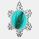 Aquamarine Pfau-Feder Schneeflocken Zinn-Ornament (Rechts)