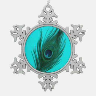 Aquamarine Pfau-Feder Schneeflocken Zinn-Ornament