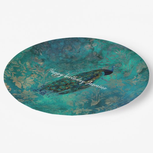 Aquamarine Pfaue Pappteller (Schrägansicht)