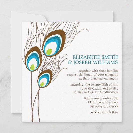 Aquamarine Pfauenfeathers Wedding Einladung (Vorderseite)