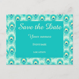 Aquamarine Pfauenfeder Save the Date Postkarte